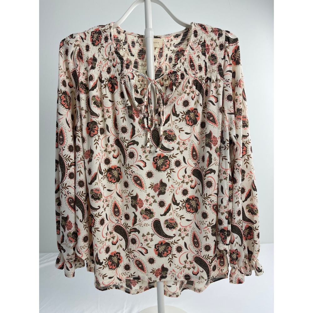 Melloday Womens Med Paisley Floral Smocked Tie Neck Peasant Blouse Cream Peach